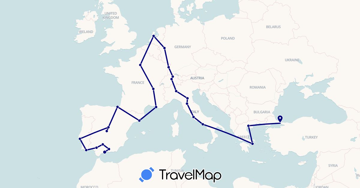 TravelMap itinerary: driving in Switzerland, Germany, Spain, France, Greece, Italy, Netherlands, Portugal, Turkey (Asia, Europe)